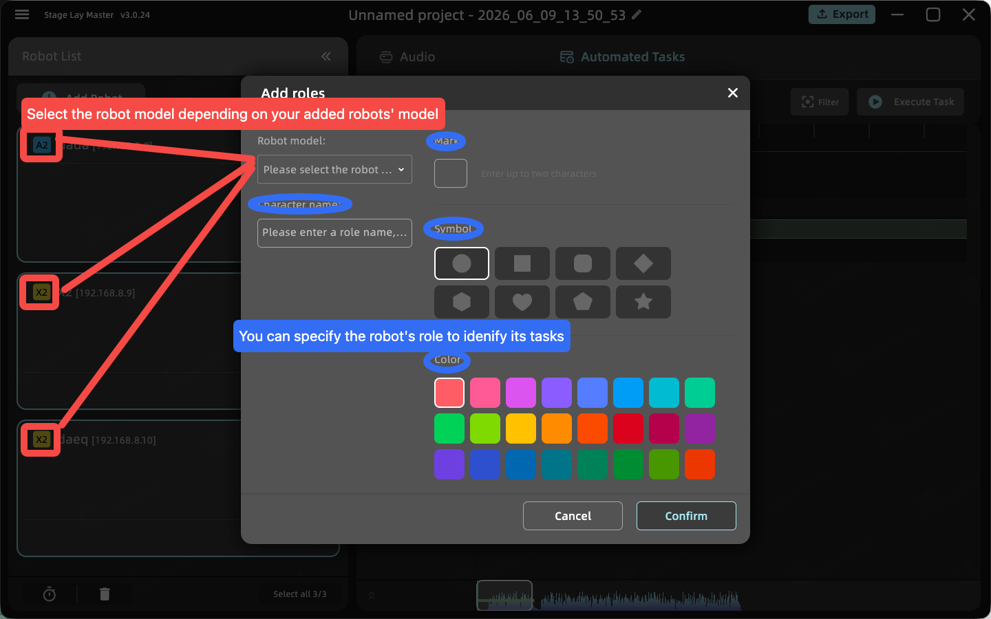 Select your robot's model and give it a role.