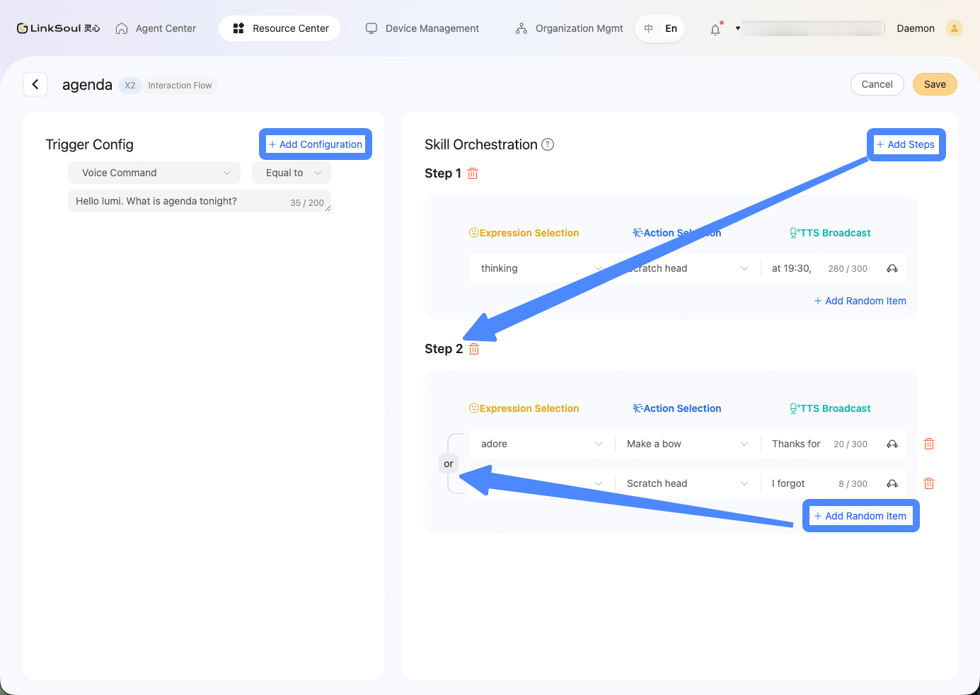 Use +Add Configuration to have different trigger keywords. Use +Add Steps to add more steps in a sequence; use +Add Random Item to trigger random reactions in one step. 
